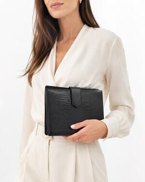 Vintage Black Lizard Embossed Leather Box Clutch Made in Italy